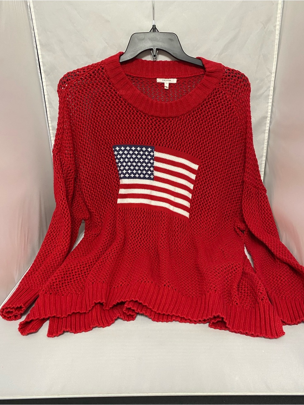 Maurices Red Open-Knit Sweater with Flag Motif